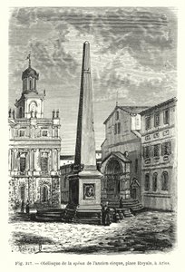 Obelisk af rygraden i det gamle cirkus, Place Royale, i Arles (gravering) af French School