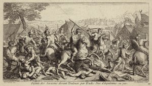 Odo, hertug af Aquitaine, besejrer umayyaderne i slaget ved Toulouse, 721 (gravering) af French School