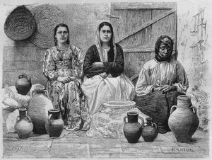 Oliehandlere i Jerusalem, fra Syrien i dag. Rejser i Fønikien, Libanon og Judæa. 1875-1880 af Louis Charles Emile Lortet, 1884 (bw gravering) af French School