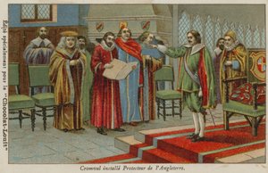 Oliver Cromwell taget i ed som Lord Protector af England, Skotland og Irland, 1653 af French School