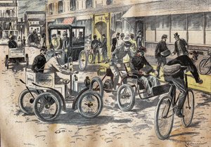 Den 5. oktober 1899 forestod vicestatssekretær på postkontoret Leon Mougeot (1857-1928) de første tests af cykler og forskellige biler til postløft på det centrale postkontor i det XII arrondissement i Paris . Indgravering i "" Le P af French School