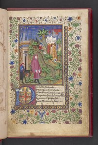 Åbningsside. En herre i et landskab, efterfulgt af en anden rejst på en hest, med tre damer.  Le livre des quatre dames; af Alain Chartier. Le livre des quatre damer; af Alain Chartier.  Chartier, Alain, Uspecificeret, sekretær for Charles V af French School