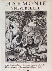 Orfeus spiller for dyr. Forsidebillede af Harmonie universelle af Marin Mersenne af French School