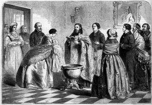 Ortodokse ritualer - dåb: dåbsceremoni, ifølge den græske rite, i det øvre russiske samfund i 1858. Barnet er til stede for paven af sin gudmor, inden det bliver nedsænket i dåbshuset. Indgravering i "" Le Monde Illustré"" nr. 81 af 30. oktober af French School