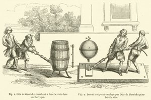 Otto de Guericke søger at skabe et vakuum i en tønde, Anden modtager ansat af Otto de Guericke til at skabe et vakuum (gravering) af French School