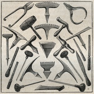 Golfevre værktøjer. Indgravering fra 1885 i "" Les arts et professions illustrés"" af Adolphe BITARD. af French School
