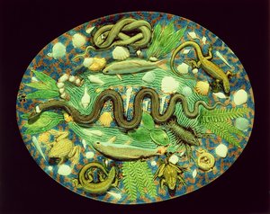Ovalt fad med fisk og krybdyr, reproduktion af Bernard Palissy ware (lertøj) af French School
