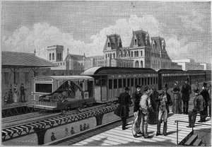 Oversigt over Elevated Railroad station og elektriske tog i New York, USA. Indgravering i "" La Nature. Revue des sciences et de ses applications aux arts et a l