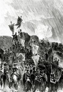 Pacifistisk demonstration af frimurernes befæstninger den 28. april 1870 for at kræve ophør af bombardementet af Paris fra Le Monde Illustré, 5. maj 1870 af French School