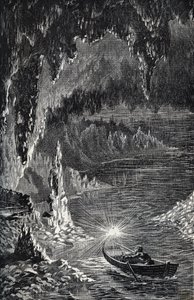 Padirac-hulen i Lot-afdelingen, i Frankrig - Underjordisk flod - Gouffre de Padirac - i Lot i Frankrig - indgravering i "" PATRIE" - PIKET BESKRIVELSE AF FRANKRIG I 6 BIND AF LUCIEN HUARD - slutningen af ​​1800-tallet af French School