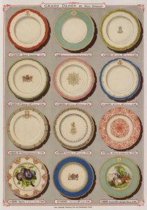 Side fra kataloget over Grand Depot de Porcelaines, Faiences et Verreries (farve litho) af French School
