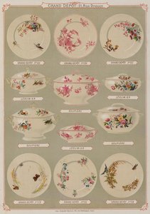 Side fra kataloget over Grand Depot de Porcelaines, Faiences et Verreries (farve litho) af French School