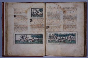 Side 57 og 58, fra Le Livre du Roy Modus et de la Royne Racio, af Henri de Ferrieres, ca. 1420 (pen & blæk og wc på papir) af French School