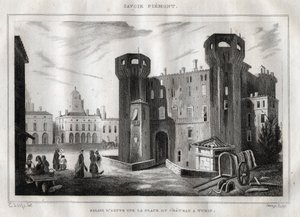 Paladset i Aosta på Place du Chateau i Torino - Indgravering fra "" Italy Picturesque"" - Historisk og beskrivende maleri af Italien" af M. de Norvins, Ch. Nodier 1834-1836. af French School