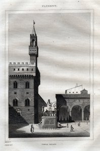 Palazzo vecchio i Firenze - Piazza della Signoria - Gravering fra "" Det maleriske Italien" - Historisk og beskrivende maleri af Italien" af M. de Norvins, Ch. Nodier 1834-1836. af French School