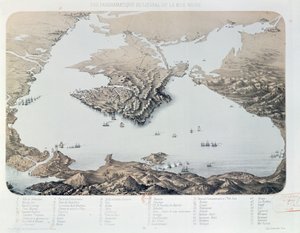 Panoramaudsigt og plan over Sevastopol og Sortehavskysten på tidspunktet for Krimkrigen, 1855 af French School