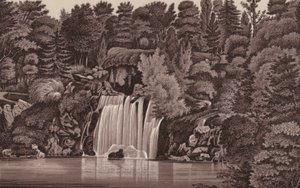Paris: Bois de Boulogne vandfald (litho) af French School