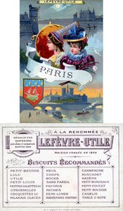 Paris, for- og bagside af et salgsfremmende kort til Lefèvre-Utile (LU) kiks, slutningen af det 19. århundrede af French School