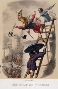 Normannernes belejring af Paris (885) - litografi, slutningen af det 19. århundrede af French School