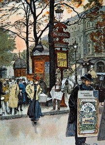 Parisisk gadebillede nær metrostationen Palais-Royal, ca. 1900 (farve litho) af French School