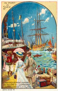 Passagerer, der går ombord på et skib af den østrigske Lloyd-linje i havnen i Suez, Egypten (chromolitho) af French School