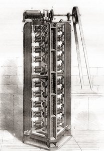 Paul-Gustave Froments vertikale elektromotor, ca. 1844, fra Les Merveilles de la Science, udgivet ca. 1870 (gravering) af French School