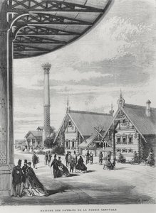 Bondehuse ved den russiske pavillon ved Exposition Universelle i 1867 (litho) af French School