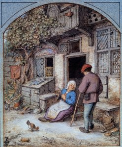 Bønder foran deres hus Akvarel af den franske skole. Chantilly fra det 16. århundrede, Conde museum af French School