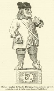 Perkeo, nar af Charles-Philippe, grotesk statue i malet træ placeret overfor det store ton Heidelberg (gravering) af French School