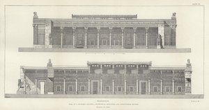 Persepolis, Hall of a Hundred Columns, geometrisk højde og længdesnit, restaureret af Ch Chipiez af French School