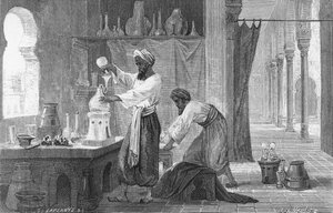 Persisk alkymist Rhazes i sit laboratorium (gravering) af French School