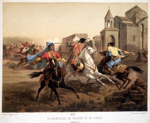 Persisk og kurdisk træfning i Armenien - litografi af French School