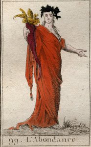 Personificering af overflod, med et horn af overflod. Personificering af overflod, holder et overflødighedshorn. Fra "Mythology of Youth" af Pierre Blanchard 1803. af French School