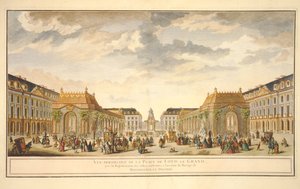 Perspektiv udsigt over Place de Louis le Grand med værelserne bygget i anledning af Monseigneur le Dauphins bryllup (farvegravering) af French School