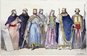 Pharamond, Clodion, Merovee, Childeric, Clotilde, Clovis 1er og Childebert 1er - i "Det franske monarki i tryk"" af French School