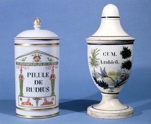 Farmaceutiske krukker til Pilule de radius og Gum Arabic (fajance) af French School