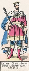 Philippe 1, 39. konge af Frankrig, besteg tronen i 1061, døde i 1108 (farvestik) af French School