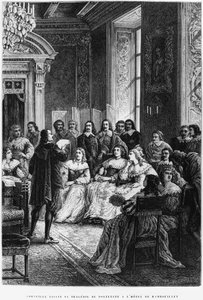 Pierre Corneille (1606-84) læser Polyeucte på Hotel de Rambouillet, ca. 1880 af French School