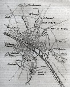 Kort over Paris under Henri III (1580) Indgravering i ""Paris fysiske, civile og moralske historie: fra de tidligste historiske tider til i dag"" af Jacques Antoine Dulaure af French School