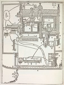 Plan over benediktinerklosteret i Canterbury i det 12. århundrede, fra militært og religiøst liv i middelalderen af Paul Lacroix, udgivet i London ca. 1880 af French School