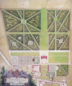 Plan over slottet og parken ved Roissy, der tilhører Comte de Caraman (pen og blæk & wc på papir) af French School