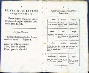Planeter og astrologiske tegn behandlet humoristisk - i "Almanach pour le temps passe"", af Jean Guerin af French School