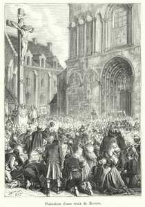 Plantning af et missionskors (gravering) af French School