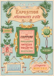 Tavle nr. 17: Skiltemodeller til art nouveau-maler (udstilling, frisørsalon, basar, sybeholdere). af French School