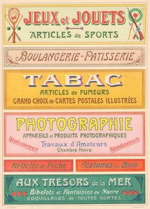 Tavle nr. 20: Skiltemodeller til jugendstil-bogstavmaler (Spil og legetøj, Bageri-Patisserie, Tobak, Fotografi). af French School