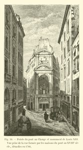 Point of the Pont au Change og monument af Louis XIII, Udsigt taget fra gaden dannet af husene på broen i det 18. århundrede, revet ned i 1788 af French School