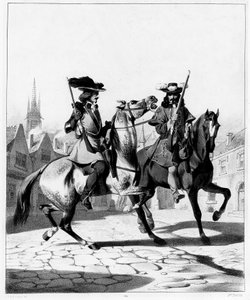 Politistyrke i det 17. århundrede: til venstre Bueskytte af prostmarskalen i Ile de France og til højre bueskytte af løjtnanten - gravering, Bibl. des Arts deco. af French School