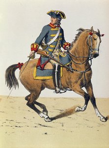 Politibetjent fra ca. 1750 opsat på en hest, 1800-tallet (farvestik)