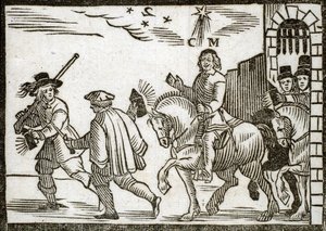 Politiske pjecer Mazarinade: Mazarin flygter fra Paris på hesteryg, midt om natten, efterfulgt af to betjente, der bærer lanterner. Graveret træ 1651 af French School