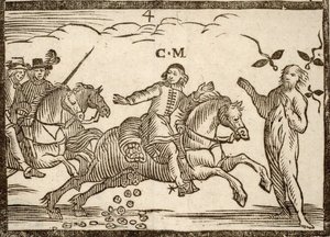 Politiske pamfletter Mazarinade: Mazarin i sin flugt falder ecus: skyggen af Concini, Marshal of Anchor, står foran ham. Graveret træ 1651. af French School